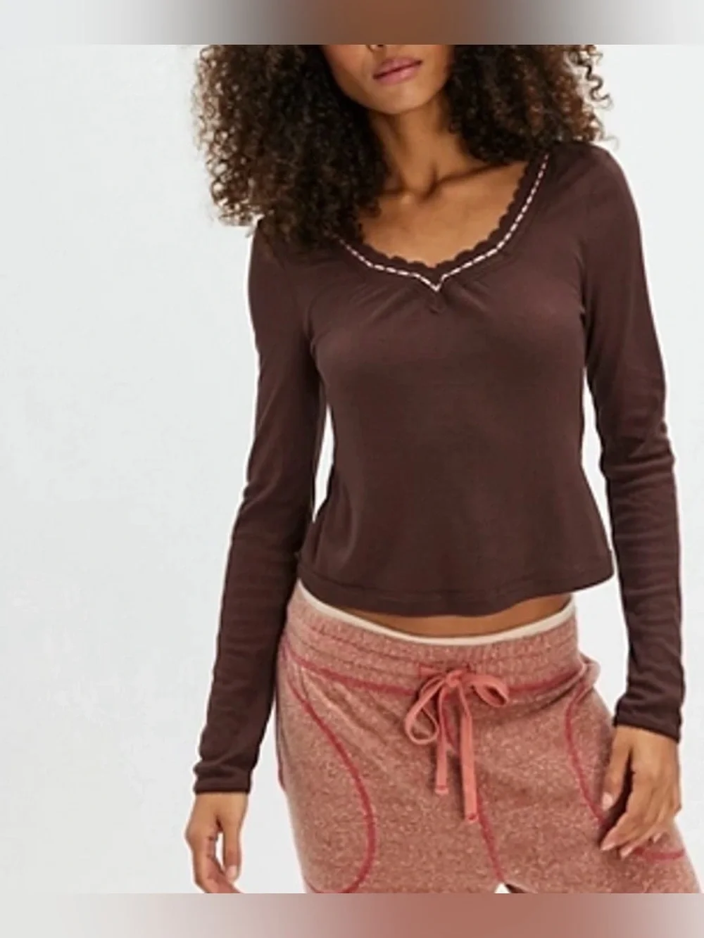 Free People Only You Ribbon Feminine V Neck Long Sleeve Brown Pink Medium